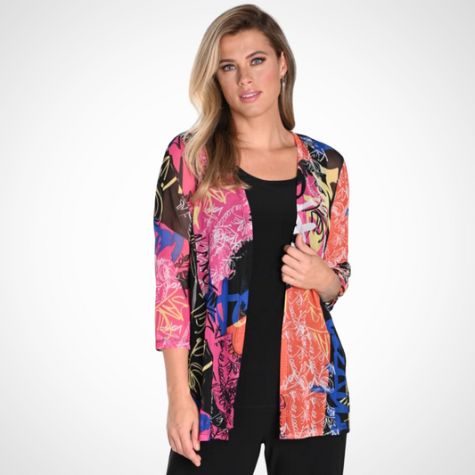 Jaboli Boutique - Fergus Ontario - Frank Lyman - Knit Cardigan. ChatGPT Vibrant hues in Graffiti Print cardigan for energy and style. Multicolored design adds artistic touch, perfect for summer. Lightweight fabric ensures comfort and breathability. Drop shoulder design and open front create relaxed yet chic silhouette. Versatile for various occasions, from casual outings to everyday wear. Elevate your style with dynamic aesthetic of this cardigan