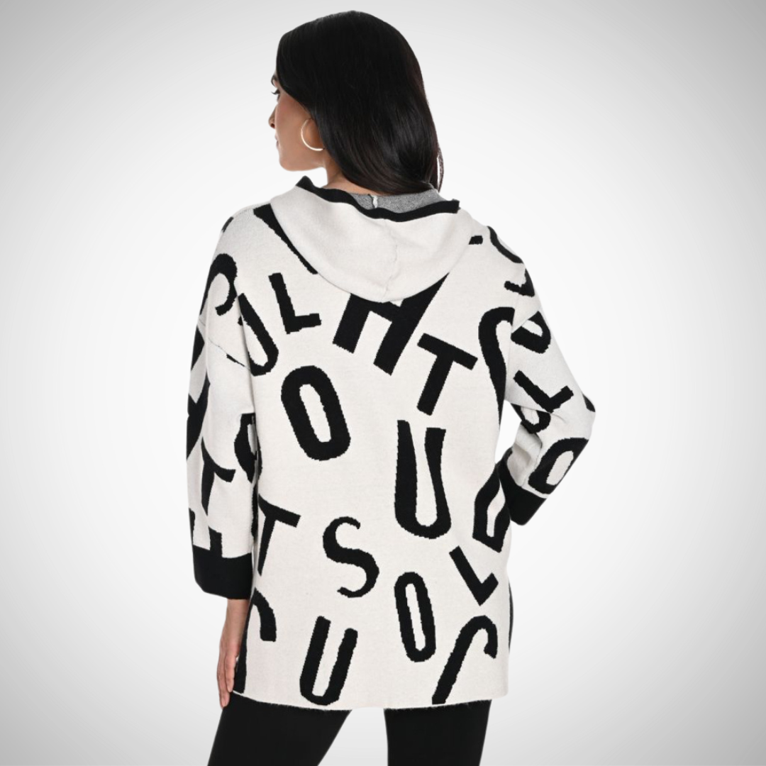 Jaboli Boutique - Fergus Ontario - Frank Lyman - Letters Coatigan. White/Black letters Zip-up front Hooded Pockets Thigh length Frank Lyman Zip-Up Hooded Cardigan (Style 243505U) Perfect mix of style and comfort Made of 95% polyester and 5% elastane