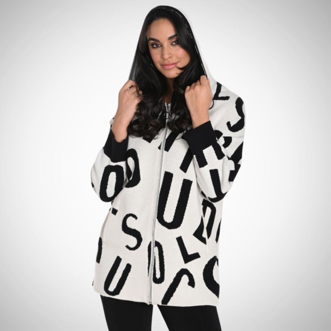 Jaboli Boutique - Fergus Ontario - Frank Lyman - Letters Coatigan. White/Black letters Zip-up front Hooded Pockets Thigh length Frank Lyman Zip-Up Hooded Cardigan (Style 243505U) Perfect mix of style and comfort Made of 95% polyester and 5% elastane