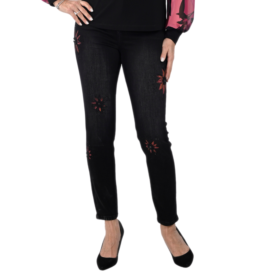 Jaboli Boutique - Fergus Ontario, Frank Lyman, Magenta/Black Floral Print Jeans. Slim Fit Super Stretchy Jeans Colour - Black with Magenta Painted Flowers surrounded by Black Rhinestones Fly Front, 5 Pocket Pair with Coordinating Frank Lyman Black/Magenta Top!