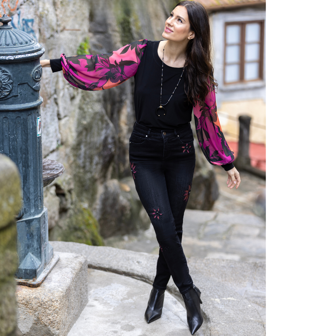 Jaboli Boutique - Fergus Ontario - Frank Lyman -Black/Magenta Top. Colour - Black Body, Magenta/Orange Print Sleeves, Black Cuff Hip Length Proudly Made In Canada! Pair with Coordinating Pants