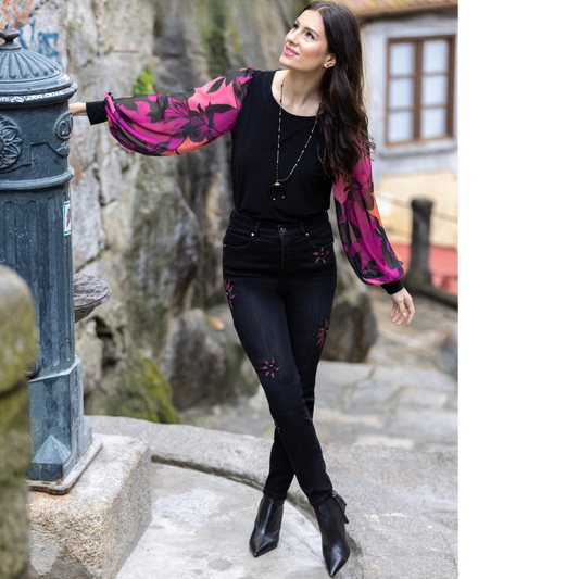 Jaboli Boutique - Fergus Ontario - Frank Lyman -Black/Magenta Top. Colour - Black Body, Magenta/Orange Print Sleeves, Black Cuff Hip Length Proudly Made In Canada! Pair with Coordinating Pants