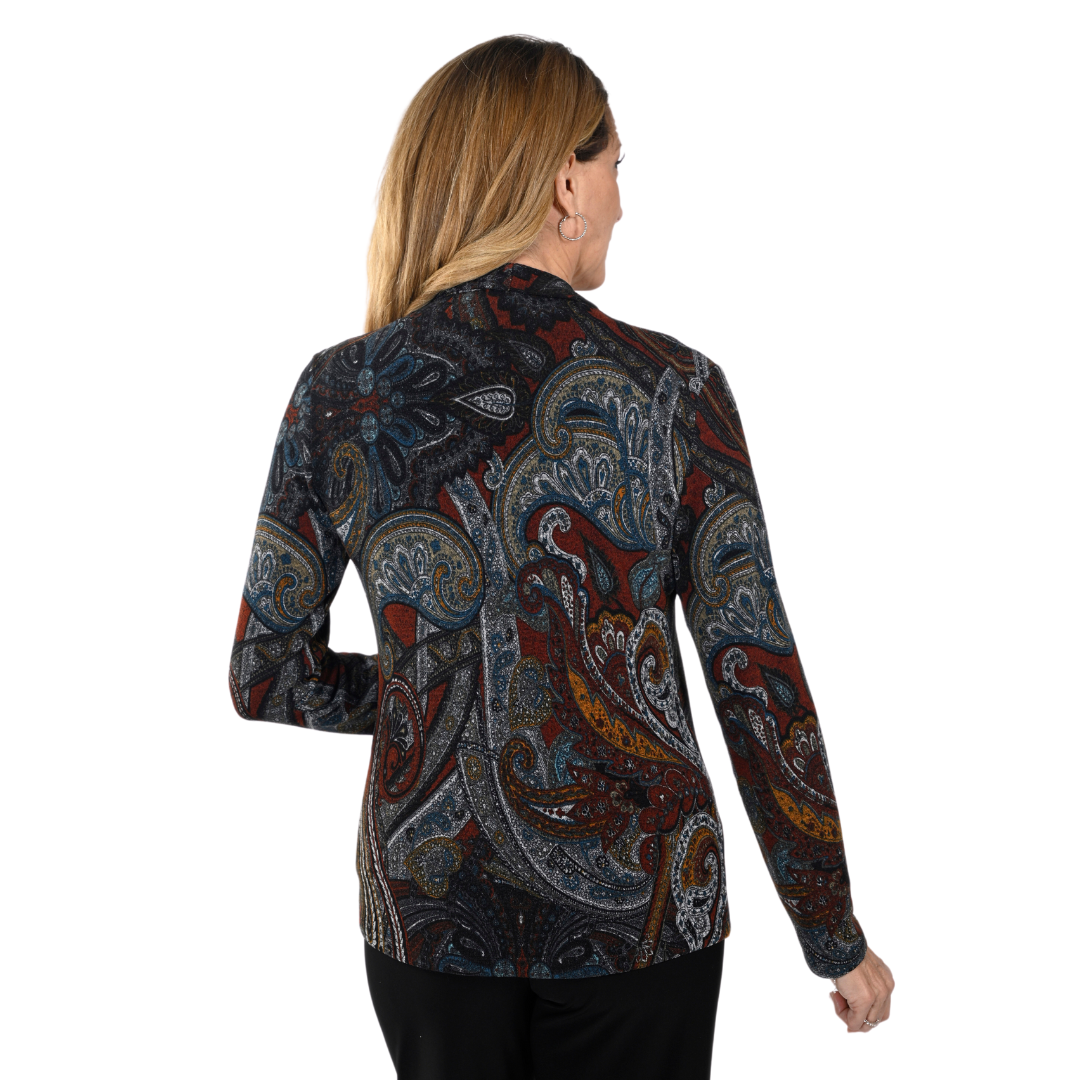 Jaboli Boutique - Fergus Ontario, Frank Lyman - Paisley Print Cardigan. Paisley Print Open Front light weight Cardigan, Colours Rust/Teal/Grey/Gold, Hip Length, Long Sleeves, Flows Beautifully over curves.