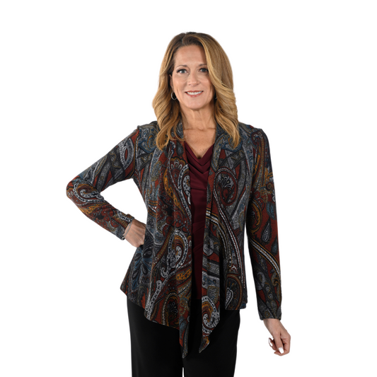 Jaboli Boutique - Fergus Ontario, Frank Lyman - Paisley Print Cardigan. Paisley Print  Open Front  light weight Cardigan,  Colours Rust/Teal/Grey/Gold,  Hip Length,  Long Sleeves,  Flows Beautifully over curves.