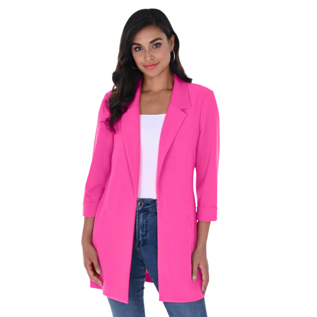 Jaboli Boutique - Fergus Ontario - Frank Lyman - Pink Blazer. Malibu Blazer: A contemporary twist on a classic. Lightweight & Long-Lined: Stylish and comfortable. Super-Soft Jersey Fabric: Effortless drape over the body. Trendy Pink Hue: Adds a vibrant touch to your collection. Tuxedo Collar & Open Front: Infusing sophistication. Thigh-Length: Versatile for various occasions. Proudly Made in Canada: Quality and local craftsmanship. Open Front 