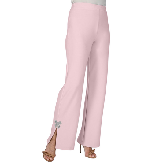 Jaboli Boutique - Fergus Ontario - Frank Lyman Primrose Knit Pant. Pull On Jersey Knit Pants   Colour - Primrose (Blush Pink)  Wide Leg w Side Slits,  Rhinestone Bow Accent  at the ankle,  Pair With Coordinating Top!
