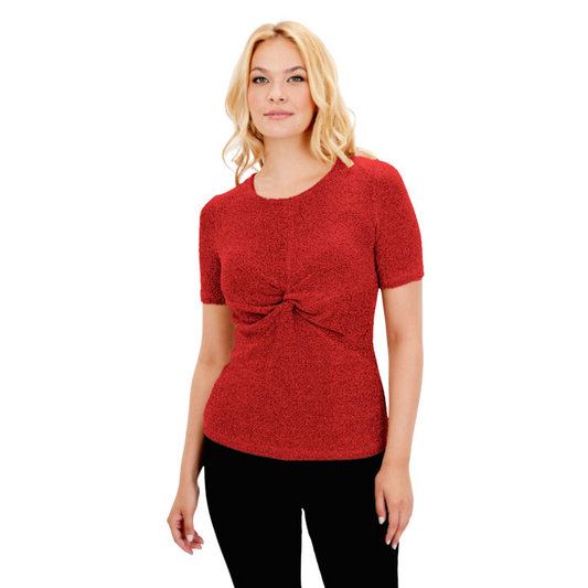 Jaboli Boutique - Fergus Ontario - Frank Lyman - Red Twisted Top. Key Features:  Crew Neck for a classic look Vibrant Red Sparkle fabric Comfortable Tee Shirt Sleeves Stylish Hip-Length design Twist Detail Slightly Below Chest .