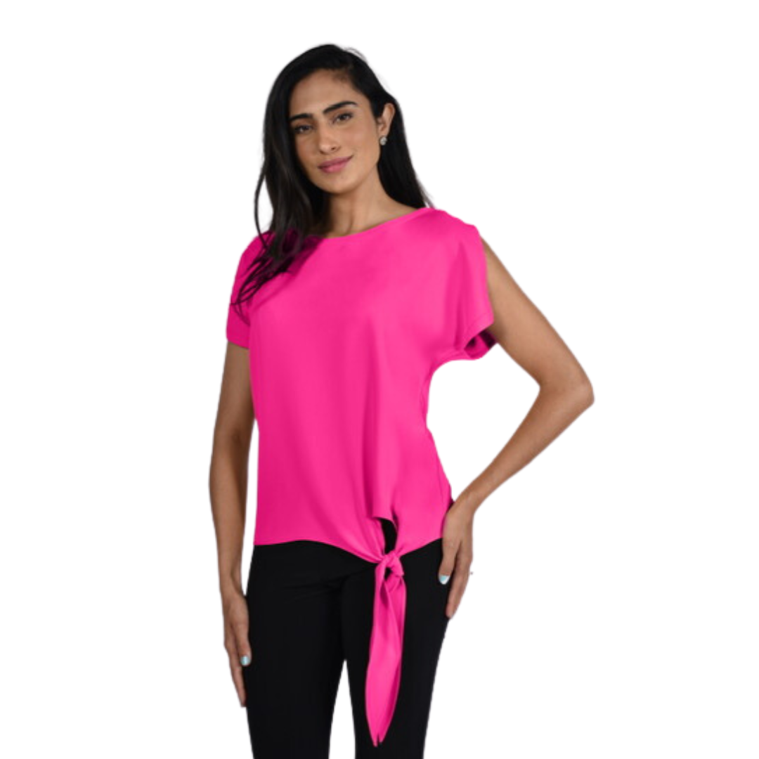 Jaboli Boutique - Fergus Ontario - Frank Lyman Side Tie Top. The Frank Lyman Side Tie Top is A happy burst of colour and layers effortlessly.  Crew Neck,  Colour: Hot Pink,  Split Cap Sleeve,  Side Tie Accent