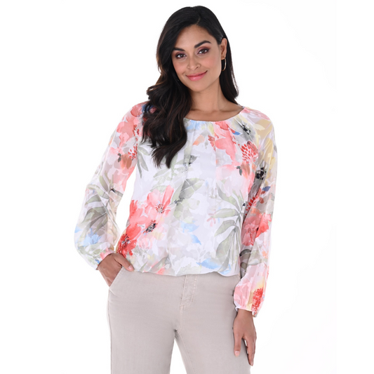 Jaboli Boutique - Fergus Ontario - Frank Lyman - Summer Breeze Blouse exudes delicate charm with a soft-coloured, feminine floral print. It features a crew neckline with gentle pleating for added elegance. Long sleeves contribute to the blouse's graceful design. The color palette includes delightful coral, sage, and blue hues on an ivory background. A chiffon overlay enhances the overall sophistication of the blouse. A gathered waistline and sleeve cuffs create a flattering silhouette.