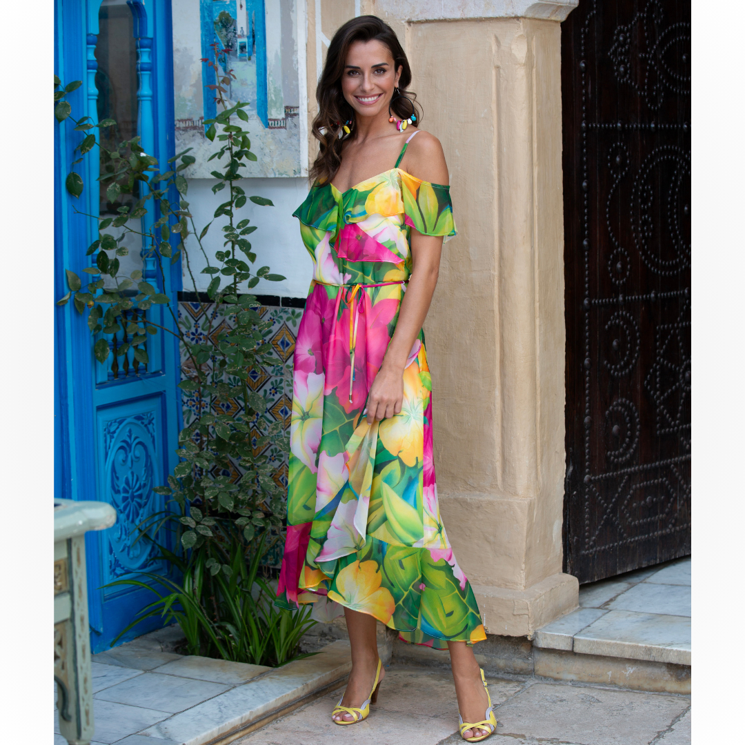 Jaboli Boutique - Fergus Ontario - Frank Lyman Tropical Sundress 246484.  A fun flirty little dress with a gorgeous tropical hibiscus print.  Ruffle Collar, Ruffle on or off the Shoulder,  Colour Fuchsia/Green Tropical Print Sundress,  Zipper Back,  Jersey Lining to the Knee,  Aline Skirt with Soft Diagonal Ruffle,  Hi/Lo Hemline,  Proudly Made in Canada!