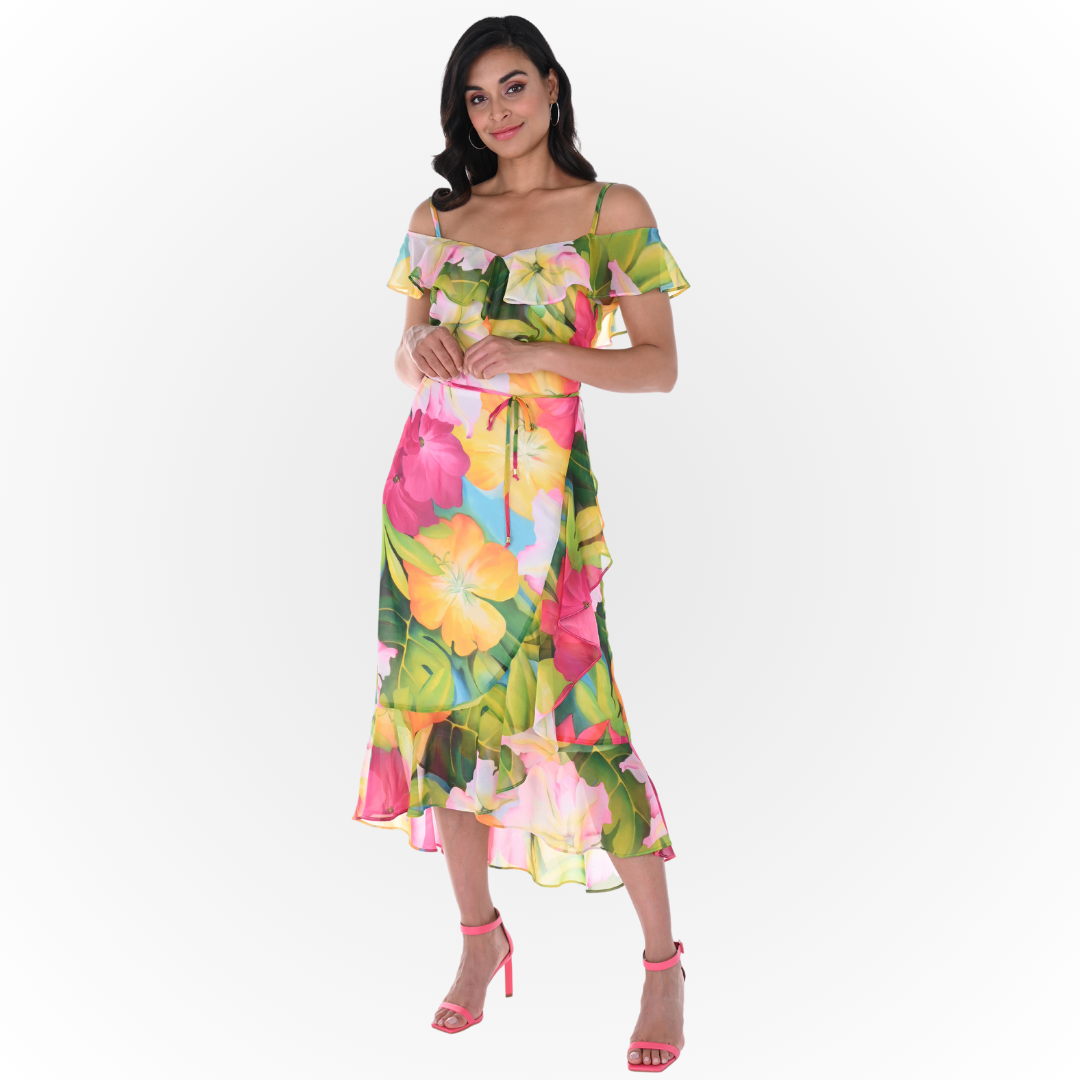  Jaboli Boutique - Fergus Ontario - Frank Lyman Tropical Sundress 246484. A fun flirty little dress with a gorgeous tropical hibiscus print. Ruffle Collar, Ruffle on or off the Shoulder, Colour Fuchsia/Green Tropical Print Sundress, Zipper Back, Jersey Lining to the Knee, Aline Skirt with Soft Diagonal Ruffle, Hi/Lo Hemline, Proudly Made in Canada!