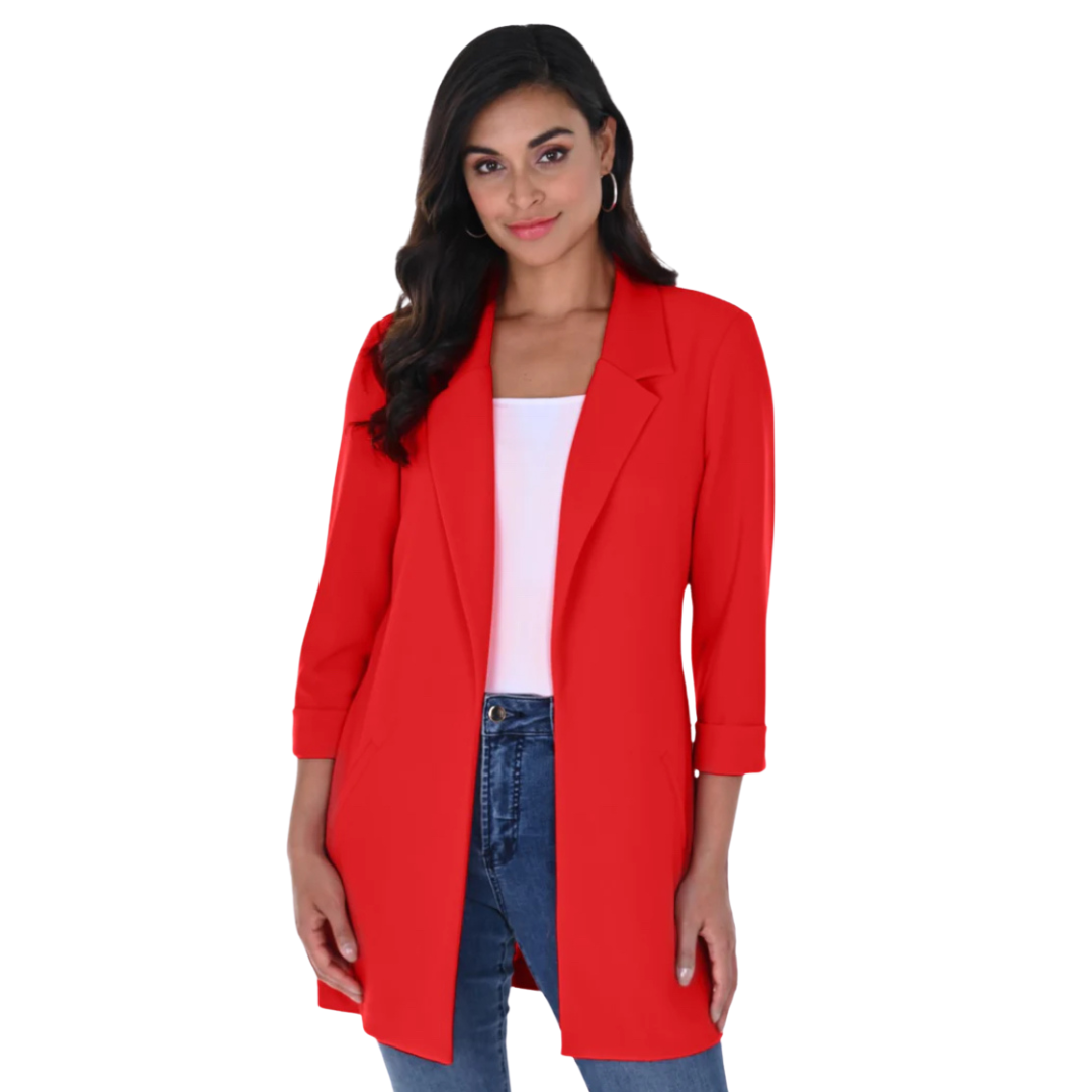 Jaboli Boutique - Fergus Ontario - Frank Lyman - Red Blazer. Malibu Blazer: A contemporary twist on a classic. Lightweight & Long-Lined: Stylish and comfortable. Super-Soft Jersey Fabric: Effortless drape over the body. Trendy Red Hue: Adds a vibrant touch to your collection. Tuxedo Collar & Open Front: Infusing sophistication. Thigh-Length: Versatile for various occasions. Proudly Made in Canada: Quality and local craftsmanship. Open Front