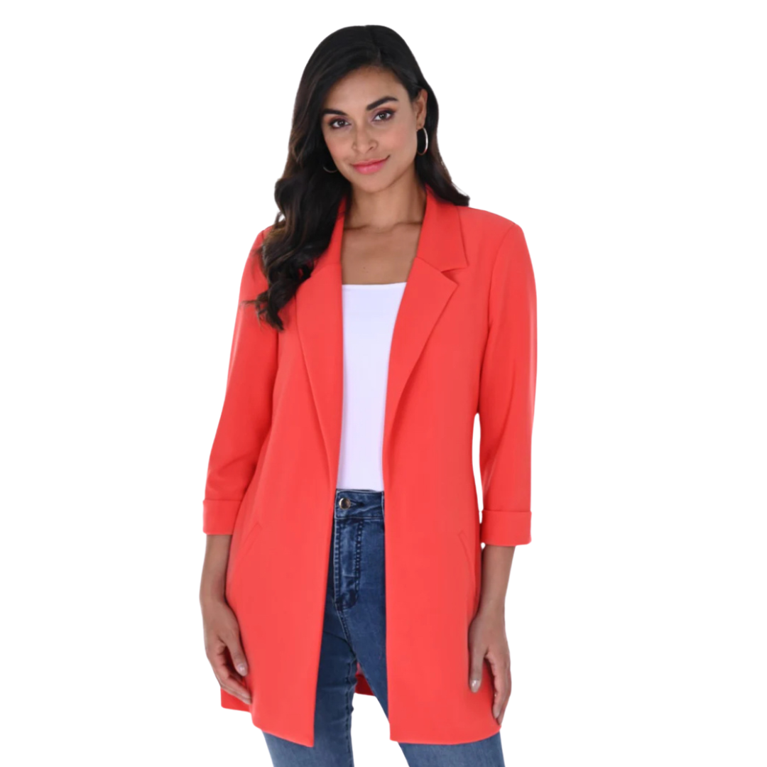Jaboli Boutique - Fergus Ontario - Frank Lyman - Orange Blazer. Malibu Blazer: A contemporary twist on a classic. Lightweight & Long-Lined: Stylish and comfortable. Super-Soft Jersey Fabric: Effortless drape over the body. Trendy Orange Hue: Adds a vibrant touch to your collection. Tuxedo Collar & Open Front: Infusing sophistication. Thigh-Length: Versatile for various occasions. Proudly Made in Canada: Quality and local craftsmanship. Open Front