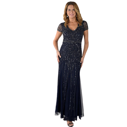Jaboli Boutique - Frank Lyman - Navy Sequined Gown.  A Jaw droppingly gorgeous sequined gown in a flattering navy hue. perfect for mother of the bride or groom.  Deep Vee Neckline  Colour - Navy Embellished with Pattern of Sequins  Cap Sleeve  Fitted to Hips, Flowy Bottom  Fabulous 'Event' Gown 