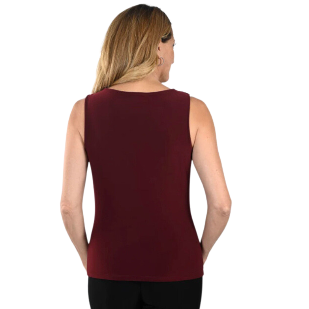Jaboli Boutique - Fergus Ontario- Frank Lyman - Sleeveless, cowl/draped neck line, wine/ burgundy colour Fabulous Jersey Silky Knit Draped Collar Top Colour Burgundy Fitted Body Great Layering Top Proudly Made In Canada!