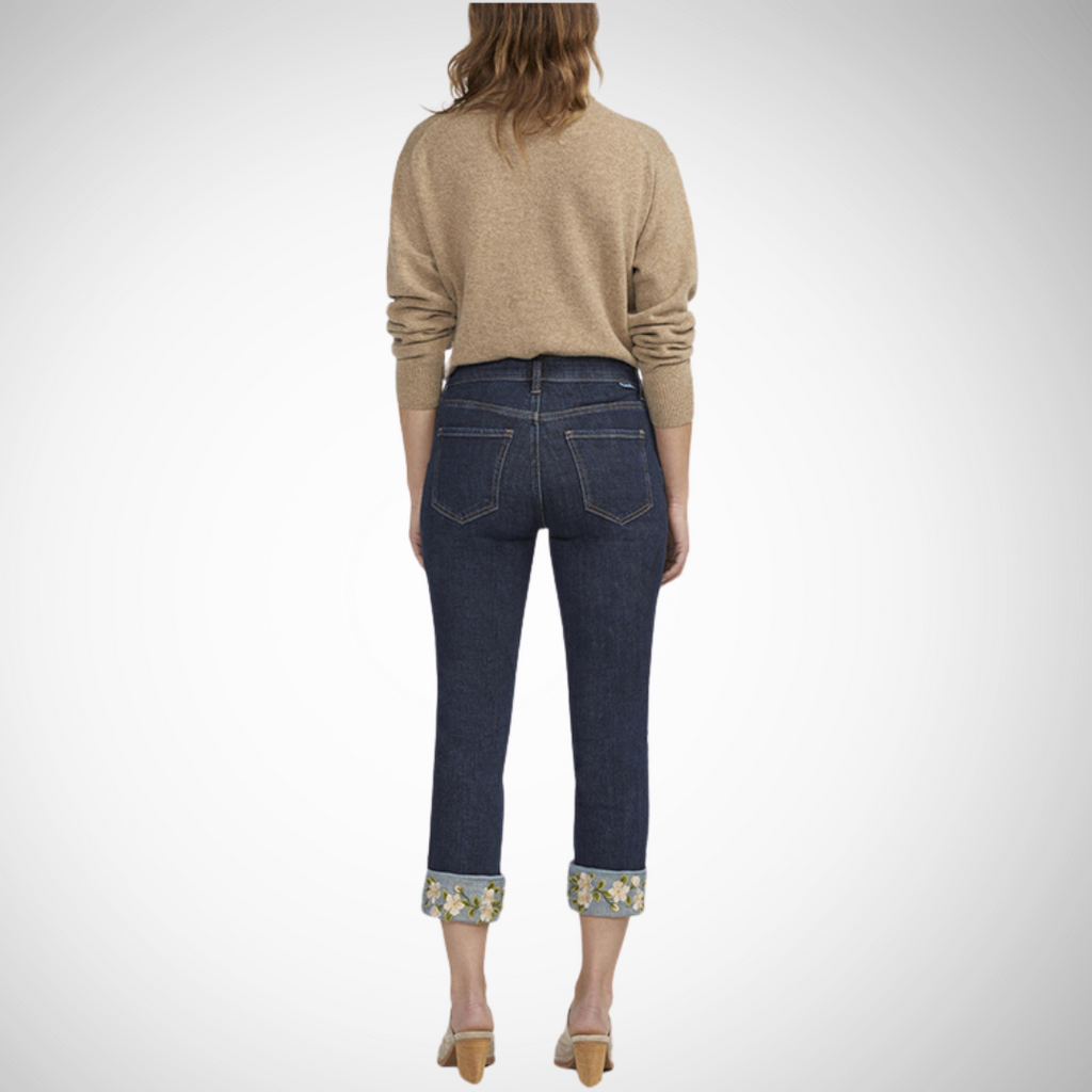 Jaboli Boutique - Fergus Ontrio - Jag - Carter Girlfriend, Embroidered floral hem, straight leg, mid rise, fly front, classic 5 pocket styling, dark indigo wash