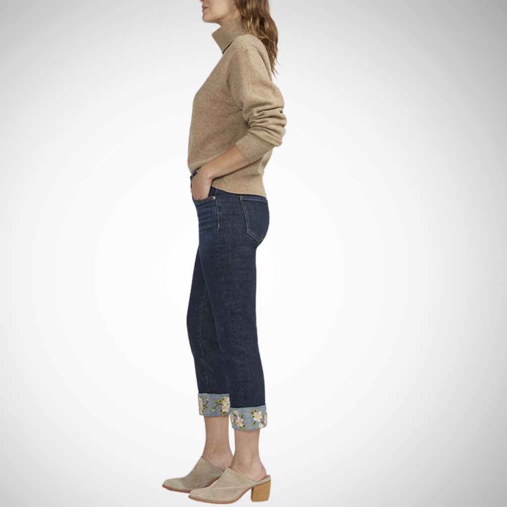 Jaboli Boutique - Fergus Ontrio - Jag - Carter Girlfriend, Embroidered floral hem, straight leg, mid rise, fly front, classic 5 pocket styling, dark indigo wash