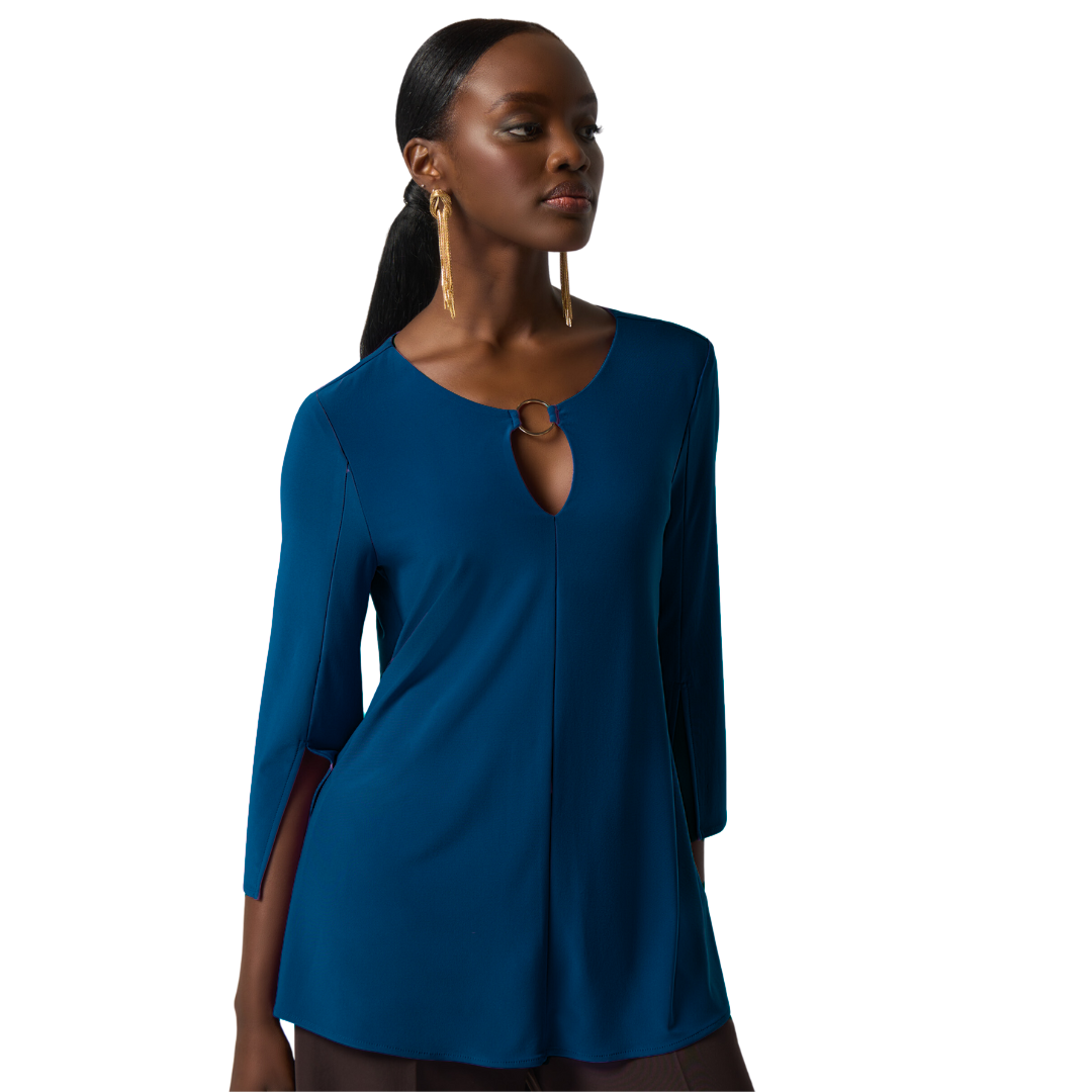 Jaboli Boutique -Fergus Ontario - Joseph Ribkoff Keyhole Neckline Tunic. Signature Jersey Fabric, Neckline has unique Gold Ring Accent, (front and back) Colours - Violet, Nightfall, 3/4 Sleeve Relaxed Fit, Classic Profile Proudly Made In Canada!