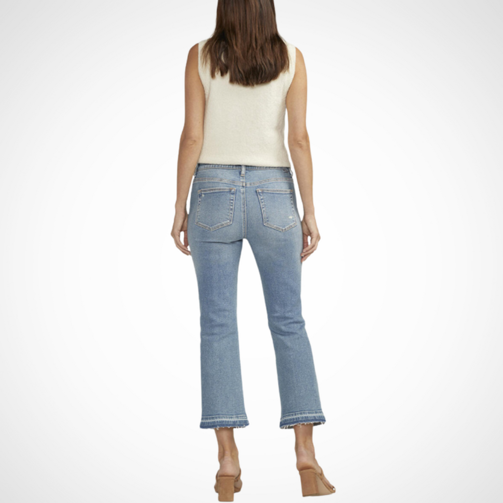 Jaboli Boutique - Fergus Ontario - Jag Jeans - Eloise jeans: classic mid rise, relaxed fit in hip/thigh, cropped bootcut leg Best Kept Secret waistband: interior elastic for slimming, smoothing, support Front pockets: smoothing effect; back pockets: lifting effect Medium indigo wash with raw hem, embroidery detailing 5-pocket styling, zip fly, button closure 11.5" mid rise, 18" leg opening Stylish and comfortable, versatile addition to wardrobe