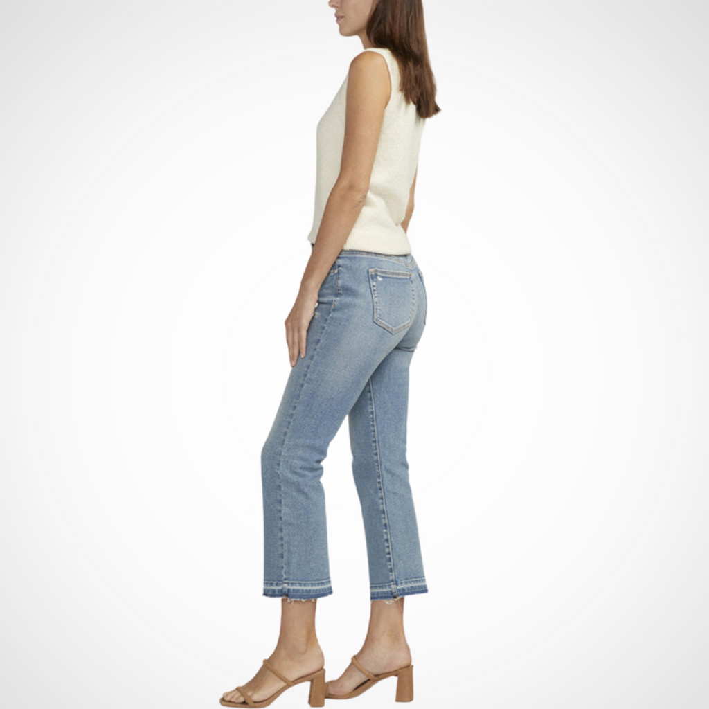 Jaboli Boutique - Fergus Ontario - Jag Jeans - Eloise jeans: classic mid rise, relaxed fit in hip/thigh, cropped bootcut leg Best Kept Secret waistband: interior elastic for slimming, smoothing, support Front pockets: smoothing effect; back pockets: lifting effect Medium indigo wash with raw hem, embroidery detailing 5-pocket styling, zip fly, button closure 11.5" mid rise, 18" leg opening Stylish and comfortable, versatile addition to wardrobe