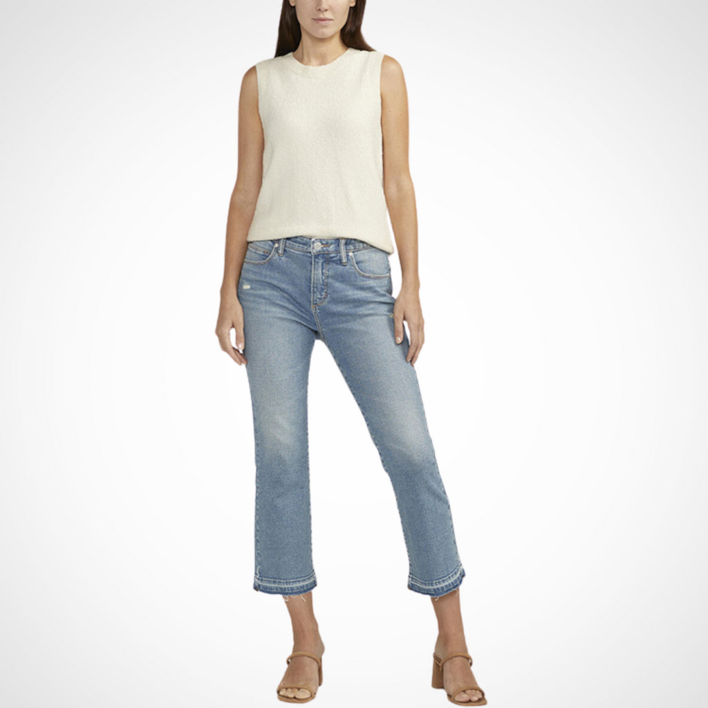 Jaboli Boutique - Fergus Ontario - Jag Jeans - Eloise jeans: classic mid rise, relaxed fit in hip/thigh, cropped bootcut leg Best Kept Secret waistband: interior elastic for slimming, smoothing, support Front pockets: smoothing effect; back pockets: lifting effect Medium indigo wash with raw hem, embroidery detailing 5-pocket styling, zip fly, button closure 11.5" mid rise, 18" leg opening Stylish and comfortable, versatile addition to wardrobe