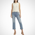 Jaboli Boutique - Fergus Ontario - Jag Jeans - Eloise jeans: classic mid rise, relaxed fit in hip/thigh, cropped bootcut leg Best Kept Secret waistband: interior elastic for slimming, smoothing, support Front pockets: smoothing effect; back pockets: lifting effect Medium indigo wash with raw hem, embroidery detailing 5-pocket styling, zip fly, button closure 11.5" mid rise, 18" leg opening Stylish and comfortable, versatile addition to wardrobe