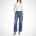 Jaboli Boutique - Fergus Ontario - Jag Jeans Sophia: the ultimate high-rise statement maker! Wide-leg jeans with slim hip and thigh flow into a chic leg. Crafted from stretch fabric for style and comfort. Classic button and fly. Trendy indigo wash, patch pockets, back welt pockets. 11.5" high rise, 19" leg opening. Available in 28" and 30" inseams. Get ready for fashion-forward fab!