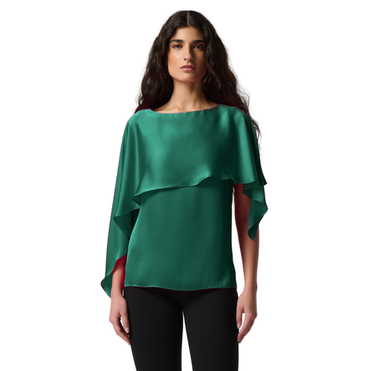 Jaboli Boutique - Fergus Ontario - Joseph Ribkoff , Emerald Satin Top. Stunning Emerald Green Cape Sleeve Blouse  Satin  Fabric  Pair with your Favourite Palazzo Pants For the next Special Event  Proudly Made In Canada!
