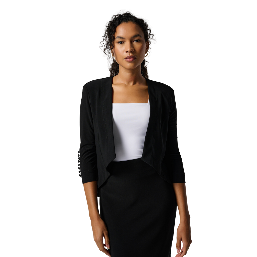 Jaboli Boutique - Fergus Ontario -Joseph Ribkoff - Black Bolero. Open Front Bolero made from Signature Jersey,  3/4 Sleeve with Satin Button Detail,  Fancy Event Jacket,  Proudly Made In Canada!