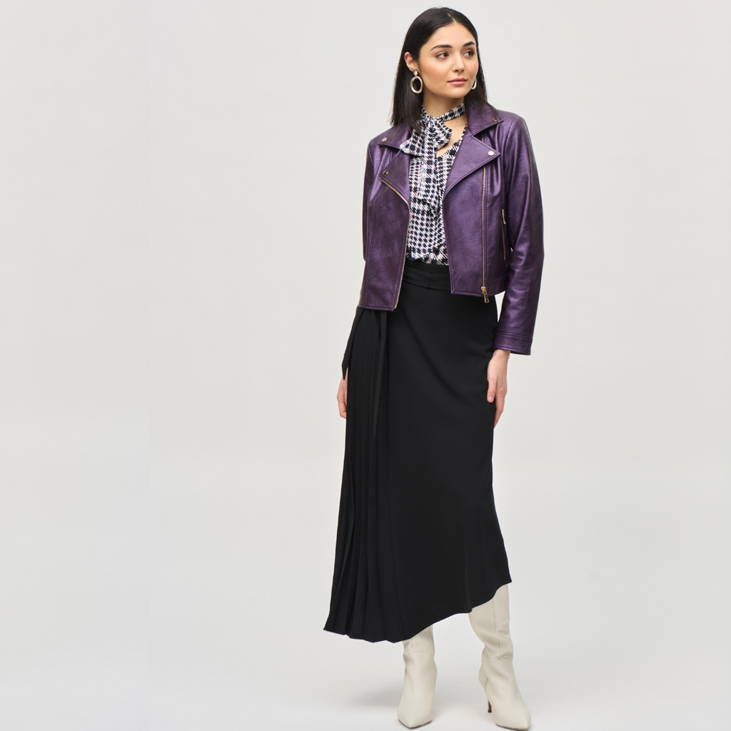 Jaboli Boutique - Fergus Ontario - Joseph Ribkoff - Black Currant -  Moto Jacket, Zip Front, Joseph Ribkoff Metallic Faux Leather Biker Jacket, Colour Black Currant (deep purple)  Instant glamour with metallic sheen 70% polyurethane, 30% viscose rayon blend Captivating, bold finish Timeless biker design Notch collar and zipper pockets Edgy cool style