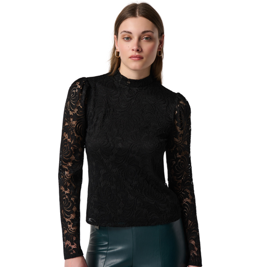 Jaboli Boutique - Fergus Ontario - Joseph Ribkoff - Black Lace Blouse. Black Lace Dressy Blouse with Lined Body,   Colour - Black  Long Unlined Sleeves  High Neckline  Two Button Back  Pair with your Favourite Black Palazzo Pants for a Formal Attire Outfit!  Or With Your Fav Jeans For A More Casual Night On the Town Look  Proudly Made In Canada!