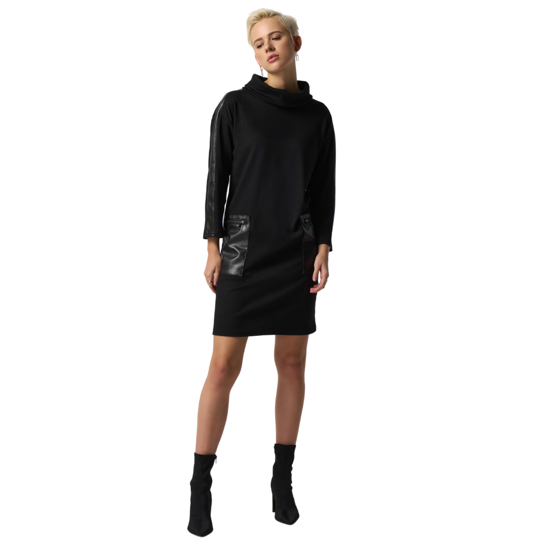 Jaboli Boutique - Fergus Ontario - Joseph Ribkoff -Blair- Mixed textures dress.  Introducing Blair The Dress With Upper east Side Flair  Knit Cowl Neckline  Colour - Black  Long Sleeves with Faux Leather Accent,  Faux Leather Pockets  Relaxed Fit  Proudly Made In Canada!