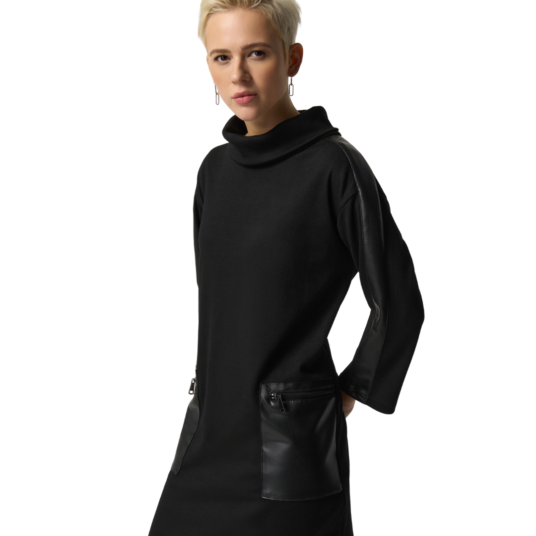 Jaboli Boutique - Fergus Ontario - Joseph Ribkoff -Blair- Mixed textures dress. Introducing Blair The Dress With Upper east Side Flair Knit Cowl Neckline Colour - Black Long Sleeves with Faux Leather Accent, Faux Leather Pockets Relaxed Fit Proudly Made In Canada!