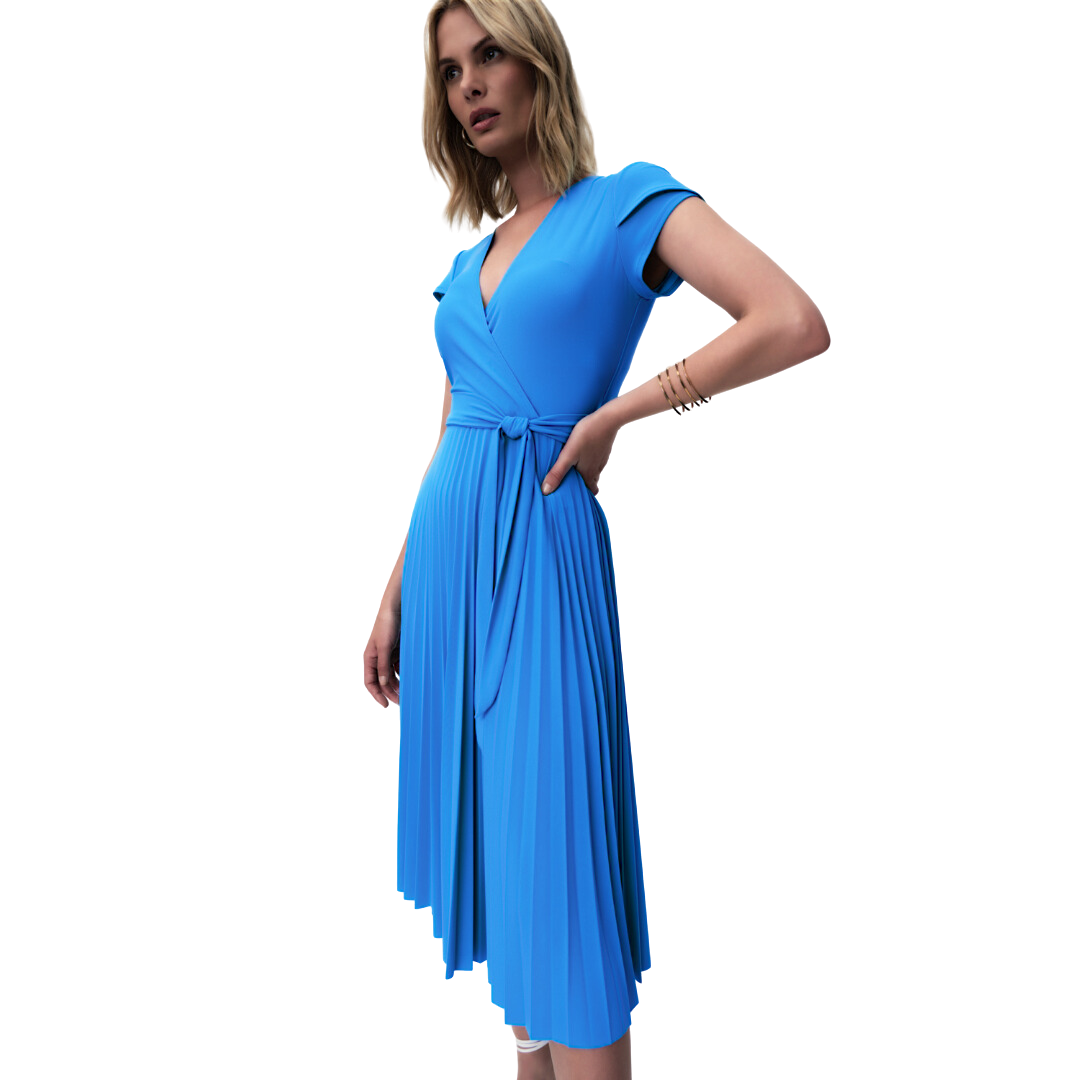 Jaboli Boutique - Fergus Ontario - Joseph Ribkoff - Blue Iris Dress. Faux Wrap Neckline  Colour - Blue Iris  Cap Sleeve  Self Tie  Full Pleated Skirt