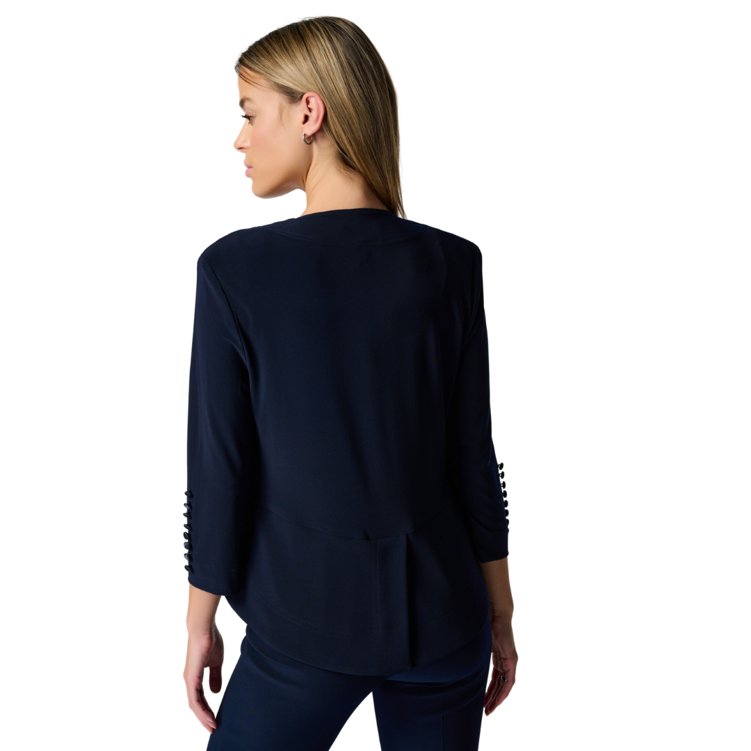 Jaboli Boutique - Fergus Ontario -Joseph Ribkoff - New Midnight (dark navy) Bolero. Open Front Bolero made from Signature Jersey, 3/4 Sleeve with Satin Button Detail, Fancy Event Jacket, Proudly Made In Canada!