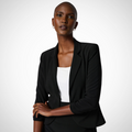 Jaboli Boutique - Fergus Ontario - Joseph Ribkoff - Classic Jacket. Joseph Ribkoff Black Cropped Tuxedo Collar Jacket Length: Hip-length Colour: Black Design: Cropped blazer with soft rounded hem Sleeves: Elbow-length Lapels: Notched Shoulders: Structured for a corporate-chic look Fabric: Silky knit Composition: 96% Polyester, 4% Spandex Style: Adds instant polish and sophistication to summer office wear