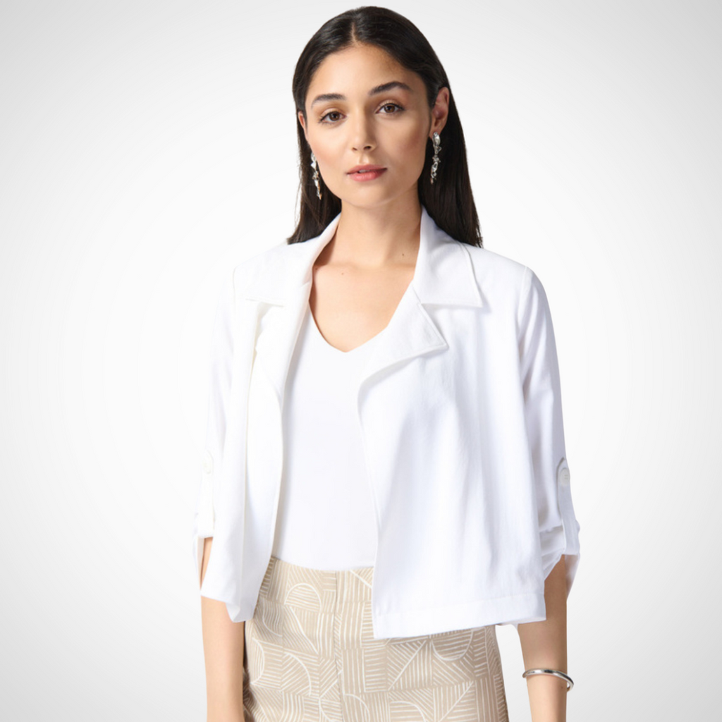 Jaboli Boutique - Fergus Ontario - Joseph Ribkoff - Cropped Vanilla Jacket , Style # 242059, Meet the Cropped Vanilla Jacket, a summer essential from Joseph Ribkoff. This open-front jacket features a relaxed shape, ideal for completing any outfit. Notched lapels and rolled tab cuffs add a polished, preppy touch to your look. Crafted from 100% polyester