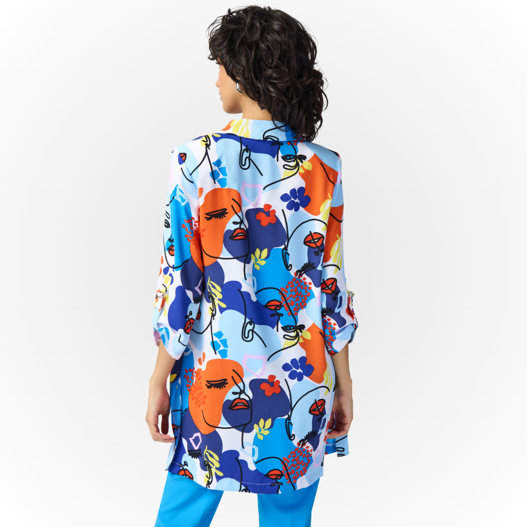 Jaboli Boutique - Fergus Ontario - Joseph Ribkoff Faces Blazer 241146 Tuxedo Collar, Colour - French Blue/Vanilla Multi, Summer Weight Jersey, Fun Graphic Faces Print, Tabbed 3/4 Sleeve, Open Front, Knee Length, Proudly Made In Canada!