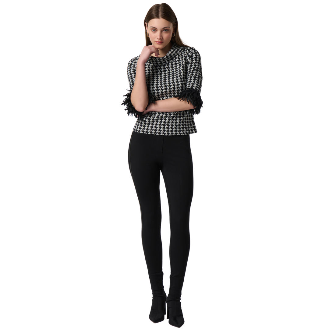 Jaboli Boutique - Fergus Ontario- Joseph Ribkoff - Houndstooth, Cowl Neck  Sweater. Classic Houndstooth Knit Top  Colours - Black/Off-White   Elbow Length Sleeve with Black Fringe Cuff  Hip Length  Proudly Crafted In Canada!