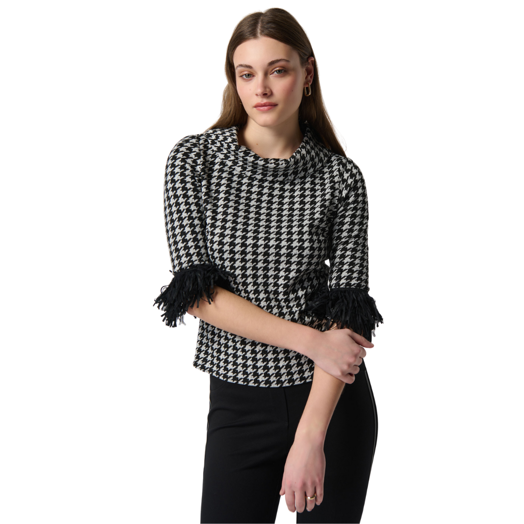 Jaboli Boutique - Fergus Ontario- Joseph Ribkoff - Houndstooth, Cowl Neck Sweater. Classic Houndstooth Knit Top Colours - Black/Off-White Elbow Length Sleeve with Black Fringe Cuff Hip Length Proudly Crafted In Canada!
