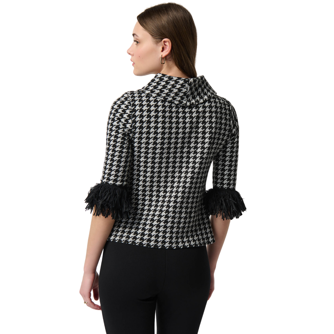 Jaboli Boutique - Fergus Ontario- Joseph Ribkoff - Houndstooth, Cowl Neck Sweater. Classic Houndstooth Knit Top Colours - Black/Off-White Elbow Length Sleeve with Black Fringe Cuff Hip Length Proudly Crafted In Canada!
