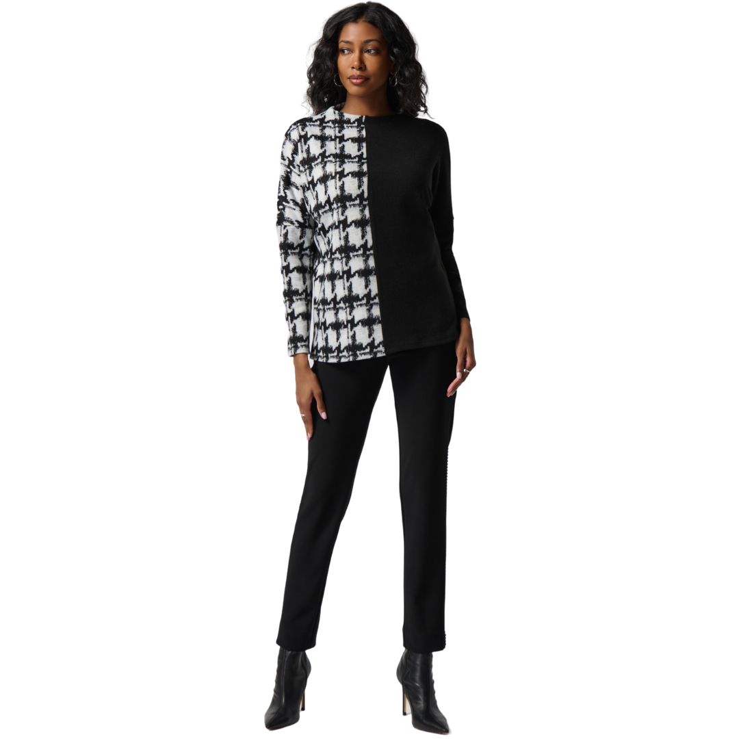 Jaboli Boutique - Fergus Ontario - Joseph Ribkoff - Houndstooth Mock Neck Sweater. Split Houndstooth Print/Solid Pullover Top  Colour - Black White Houndstooth on One Side, Solid Black on Opposite Side  Crew/Mock Neckline  Dolman Sleeve  Relaxed Fit  Proudly Made In Canada!