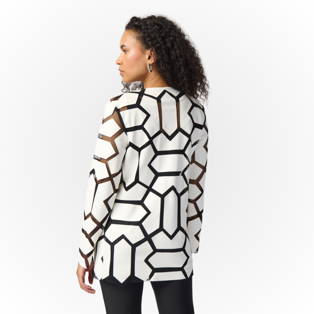 Jaboli Boutique - Fergus Ontario - The Joseph Ribkoff Ivory/Black Jacket is truly a work of art. Show stopper, Statement piece, The Hottest Jacket of the Season, Colour - Ivory/Black, Closure at Nape of Neck, Light Weight, Long Sleeve,s Black Mesh Fabric with Ivory Faux Leather Appliques,