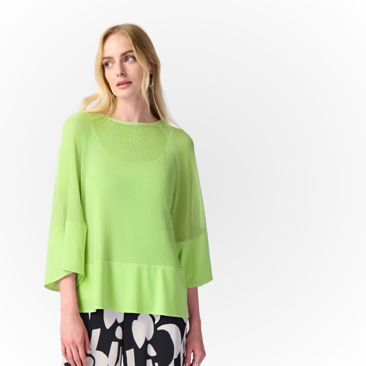 Jaboli Boutique - Fergus Ontario - Joseph Ribkoff Two Piece Tunic 241261,  Colour Key Lime,  Mesh 3/4 Sleeve Topper with Jersey Cami,  The Perfect versatile top in a fun summery pop of colour.