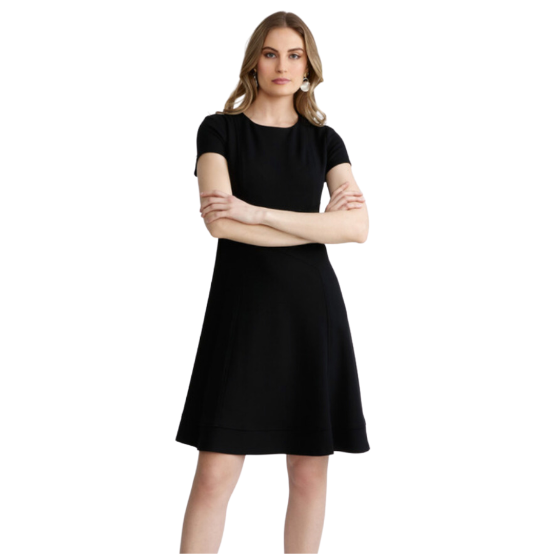 Jaboli Boutique - Fergus Ontario- Joseph Ribkoff - Little Black Dress. Crew Neck  Short Sleeves  Fit Top, Flare Skirt  Zip Back  Knee Length. Look sharp, feel comfy, and turn heads in this knee-length Joseph Ribkoff Little Black Dress. Outfitted with a crew neck top and a zip-back, this flare skirt is designed to fit and flatter your body type! Made with care by Joseph Ribkoff, it's the perfect go-to piece for that special occasion. 