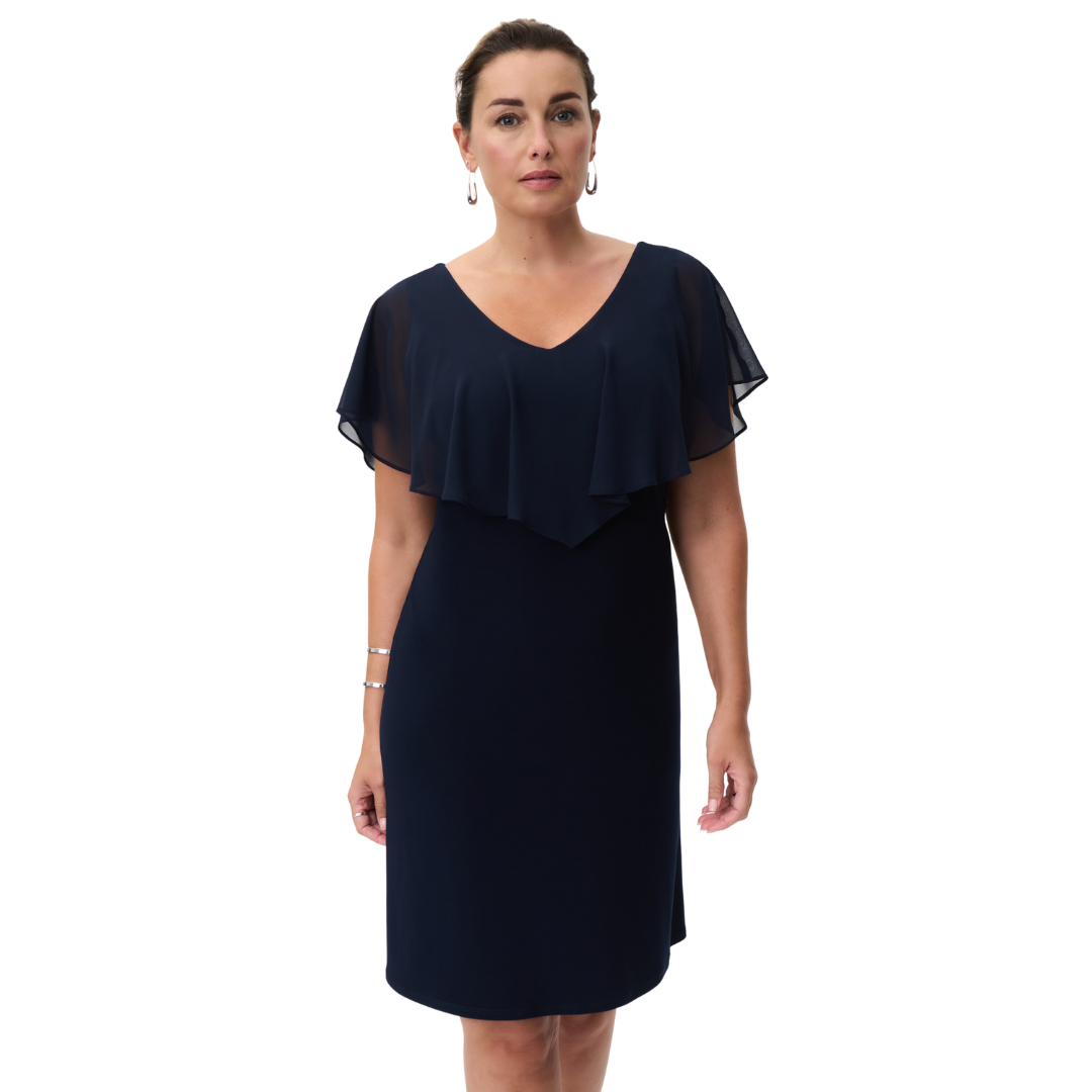 Jaboli Boutique - Joseph Ribkoff -  Midnight Chiffon Dress. V Neck line front and back with Chiffon Collar  Colour - Midnight Blue  Fit and Flare Style