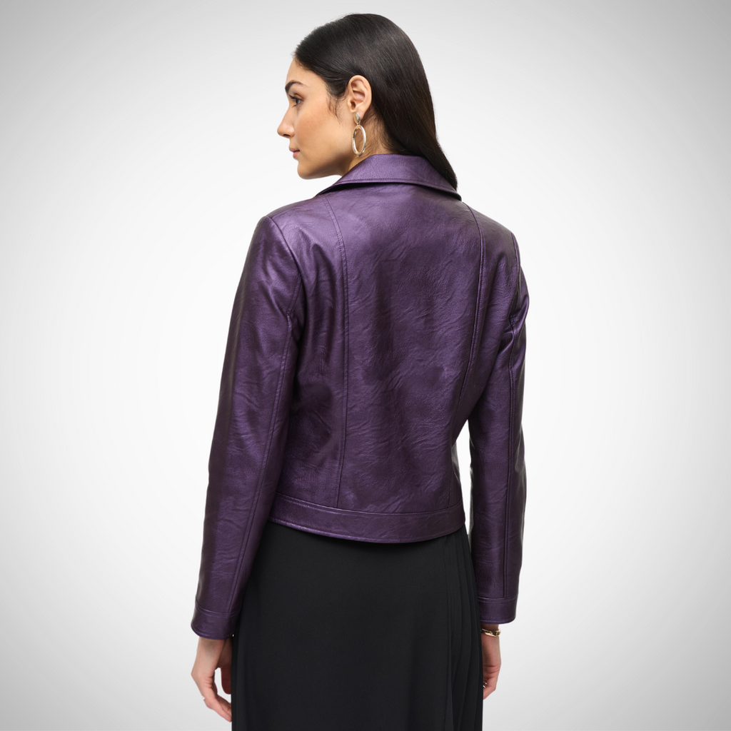 Jaboli Boutique - Fergus Ontario - Joseph Ribkoff - Black Currant - Moto Jacket, Zip Front, Joseph Ribkoff Metallic Faux Leather Biker Jacket, Colour Black Currant (deep purple) Instant glamour with metallic sheen 70% polyurethane, 30% viscose rayon blend Captivating, bold finish Timeless biker design Notch collar and zipper pockets Edgy cool style