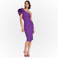Jaboli Boutique - Fergus Ontario Joseph Ribkoff One Shoulder Dress.  Sculpted Body , Lined Jersey,  Colour - Majesty (Medium Purple),  Elaborate Single Shoulder Detail,  Ruched Body,  Cocktail Length,  ruching through the bodice gives a sliming silhouette,  Proudly Made In Canada!
