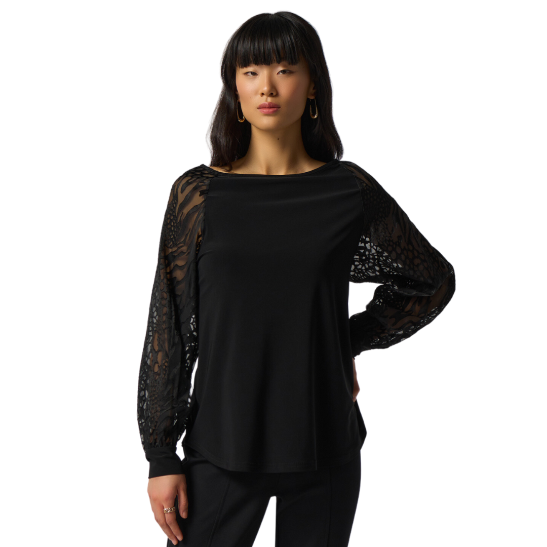 Jaboli Boutique, Fergus Ontario, Joseph Ribkoff - Party Blouse style # 233003, Col Black, Boat neckline.Meet the Fabulous Jersey/Chiffon Black Dressy Blouse, a captivating addition to your wardrobe. Proudly crafted in Canada, this blouse offers comfort and style. The hip-length cut adds a touch of chicness, making it suitable for any occasion. Long mesh and lace sleeves with a jersey cuff create a sophisticated contrast with a hint of allure.