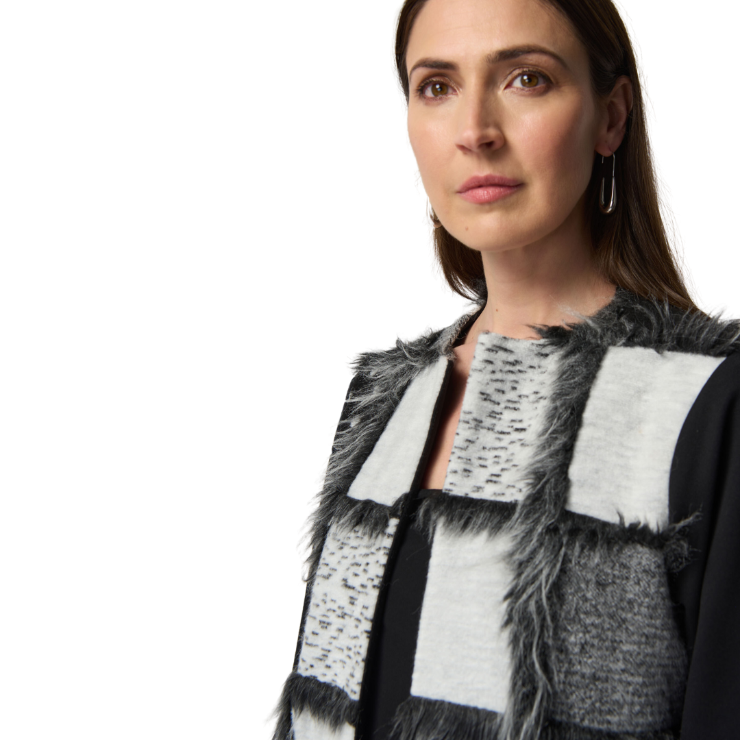 Jaboli Boutique -Fergus Ontario - Joseph Ribkoff Patchwork Jacket. Gorgeous Patches of Black, Gey, and White Print Fabric are Sewn Together and Trimmed in Faux Fur open front Streamlined silhouette Long Sleeves Hip Length Proudly Made In Canada!
